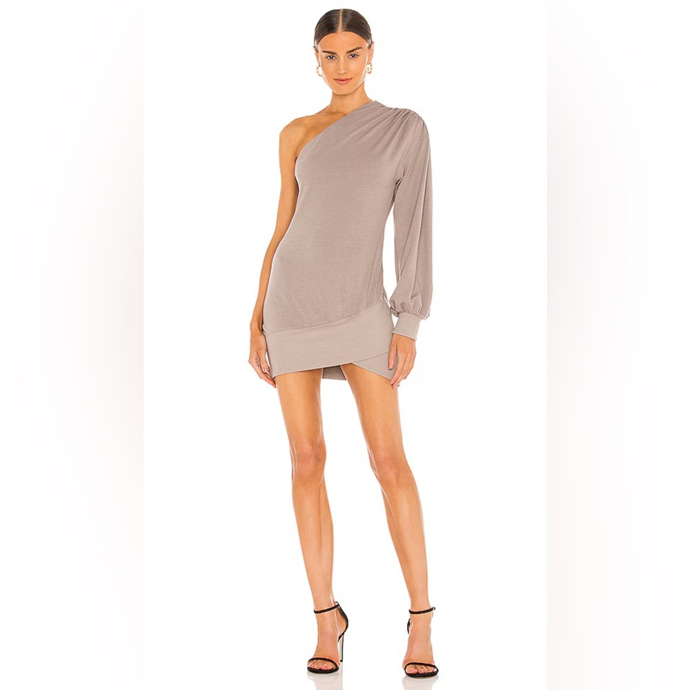 Ours Georgi One Shoulder Mini Dress Taupe Long Sleeve Small Revolve